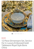 12 piece dinnerware set,  luxury embossed,  gold tableware,  royal style bone China