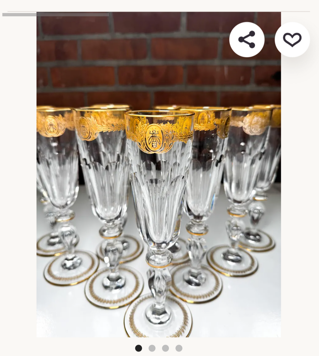 Rare St Louis crystal champagne flutes, set of 9, gold bee and laurel motif