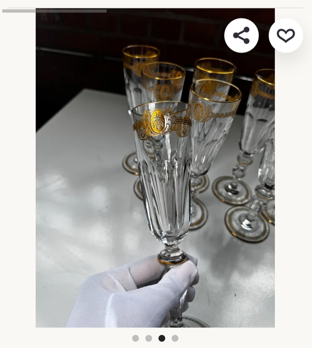 Rare St Louis crystal champagne flutes, set of 9, gold bee and laurel motif