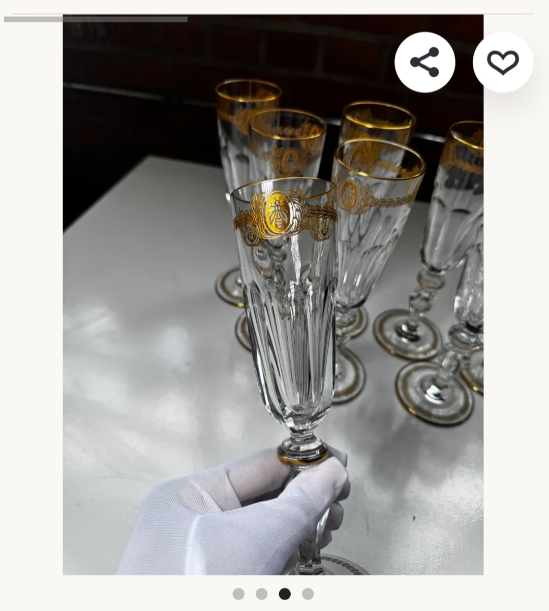 Rare St Louis crystal champagne flutes, set of 9, gold bee and laurel motif